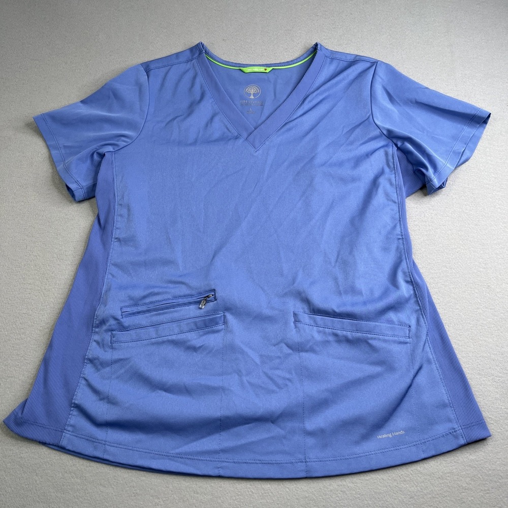 Healing Hands Works Scrub Top Size L Blue V Neck Short Sleeve Pockets